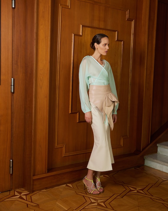 Wrap Sheer Organza Blouse Mint Green / Designer Blouse for Women