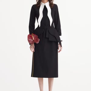Evening Peplum Belted Dress Black - Two-Piece Set /Designer Fitted Midi Dress With Belt /Women Fashion Set / Dress long sleeves/ Party Dress image 11