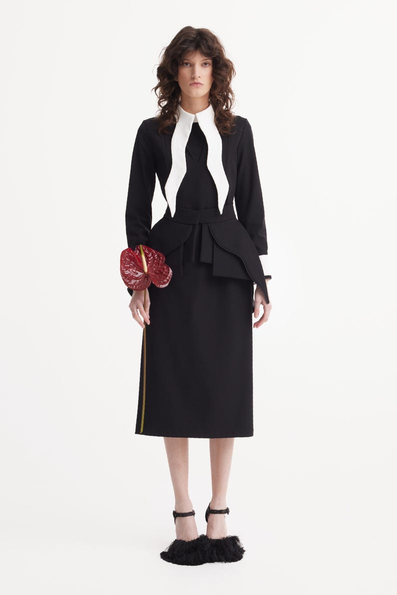 Evening Peplum Belted Dress Black - Two-Piece Set /Designer Fitted Midi Dress With Belt /Women Fashion Set / Dress long sleeves/ Party Dress image 11