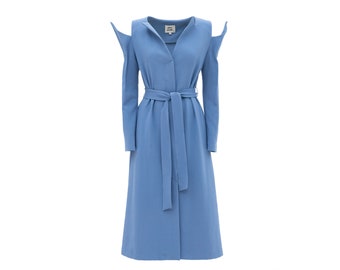Fashion Long Button-Up Dress With Thin Belt / A-line Midi Shirt Dress With Open Shoulder / Evening Longsleeve Dress With Decor for women