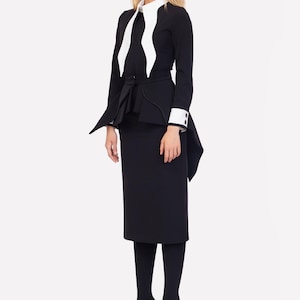 Evening Peplum Belted Dress Black - Two-Piece Set /Designer Fitted Midi Dress With Belt /Women Fashion Set / Dress long sleeves/ Party Dress image 9