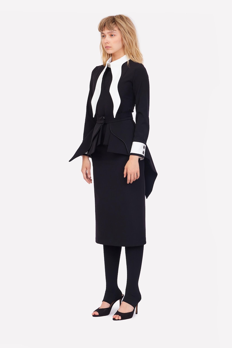 Evening Peplum Belted Dress Black - Two-Piece Set /Designer Fitted Midi Dress With Belt /Women Fashion Set / Dress long sleeves/ Party Dress image 9