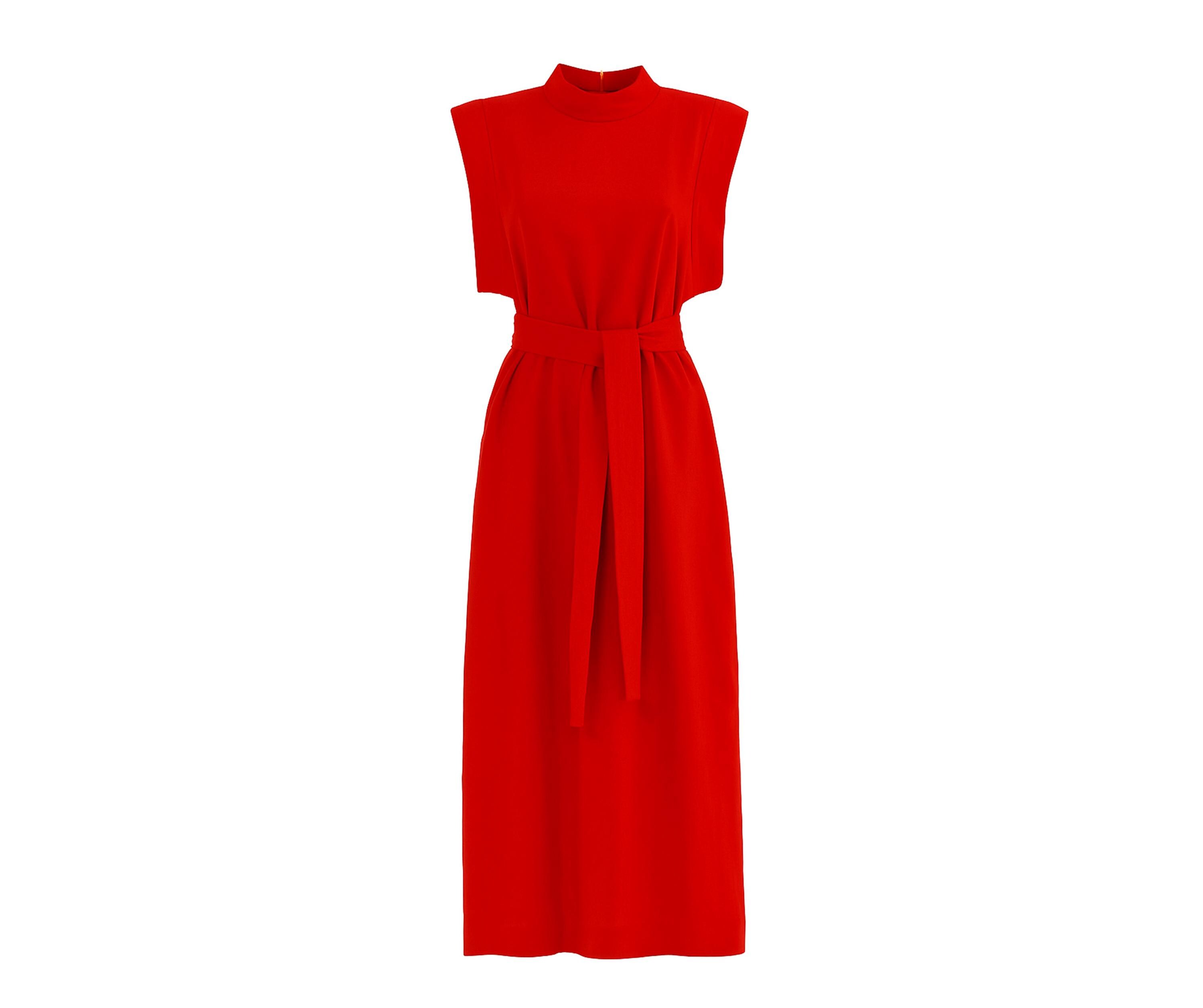 red fitted belted professional dress mid length Tulip Sleeve Belted Midi Dress (Women)