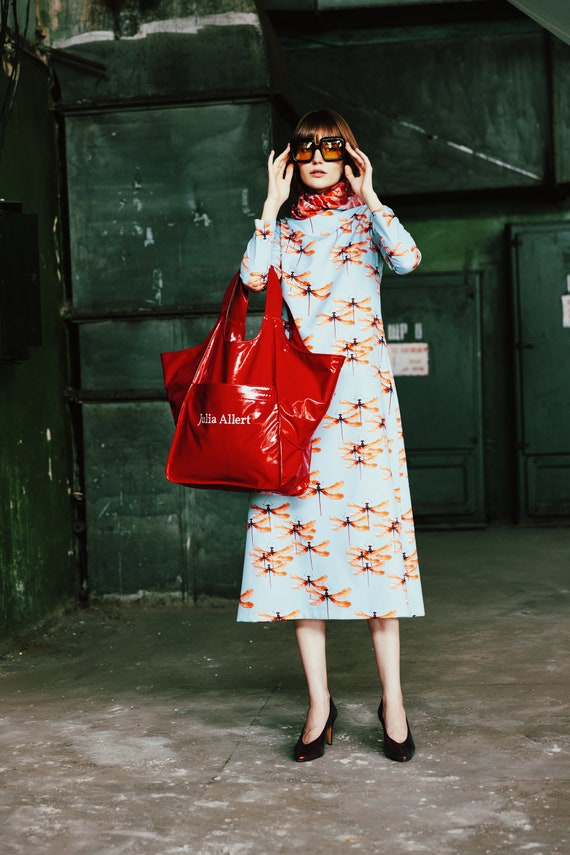 Dragonfly Print A line Light Blue Long Dress Printed Dress