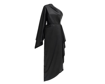 Designer Soft Faux Leather Midi Dress Black / Stylish Dress Women / One-Sleeve Asymmetrical Dress / One-Shoulder Evening Dress 2 colors