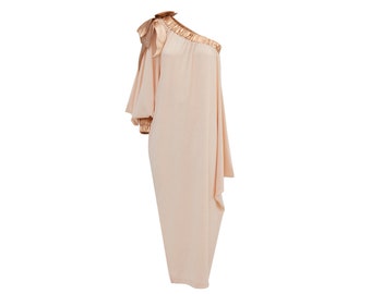 Luxury Elegance One-Sleeve Long Dress Rib Knit Peach /Event Gown Dress/Maxi Cocktail Dress for Women/Designer Evening Gown Dress