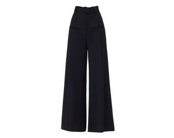 Formal Flared Trousers Black / Designer High-Waisted Trousers / Elegant Wide Trousers for women / Figure-Enhancing Trousers