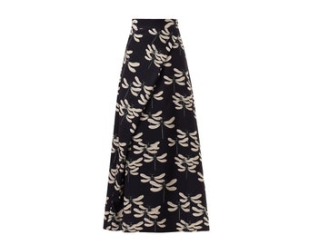 Dragonfly Print A-Line Black Long Skirt / High Waisted Skirt for Women / Black Skirt / Flared Midi Skirt / Midi Evening skirt