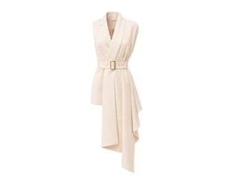 Asymmetrischer, ärmelloser Blazer – Ecru / Lange, taillierte Damenweste / Blazerweste mit Gürtel / Schwarzer Business-Blazer für Damen / Modische Weste