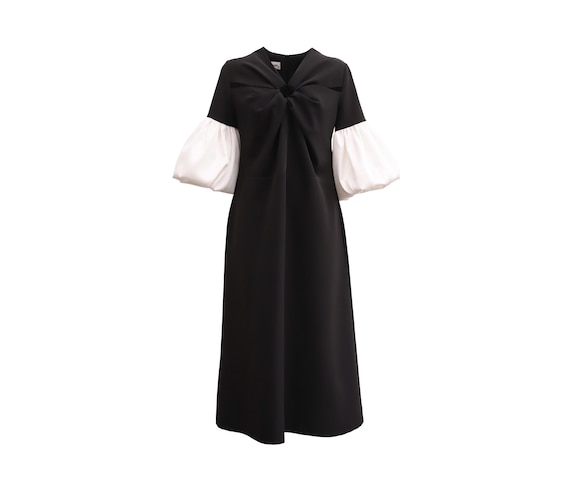 Versatile Chic Work Dress With Puff Sleeves - Black/cocktail A-line Midi / Modern Contrast Office Look / Elegant Knot Detail Dress /