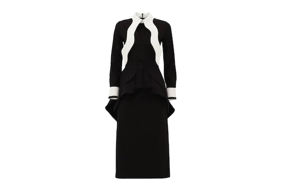 Evening Peplum Belted Dress Black - Two-Piece Set /Designer Fitted Midi Dress With Belt /Women Fashion Set / Dress long sleeves/ Party Dress