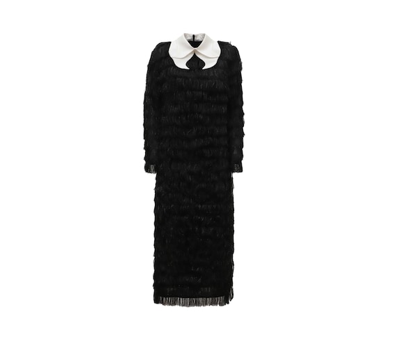 Evening Fringe Straight Loose Fit Dress - Black Sparkle /Sculptural One-Shoulder Dress / Tailored Formal Midi / Elegant Evening Sheath Dress