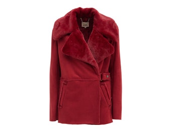 Double Faced Shearling Coat Red / Wrap Bordo Short Cardigan for Women / Suede Fleecy Coat / Demiseason Women Coat