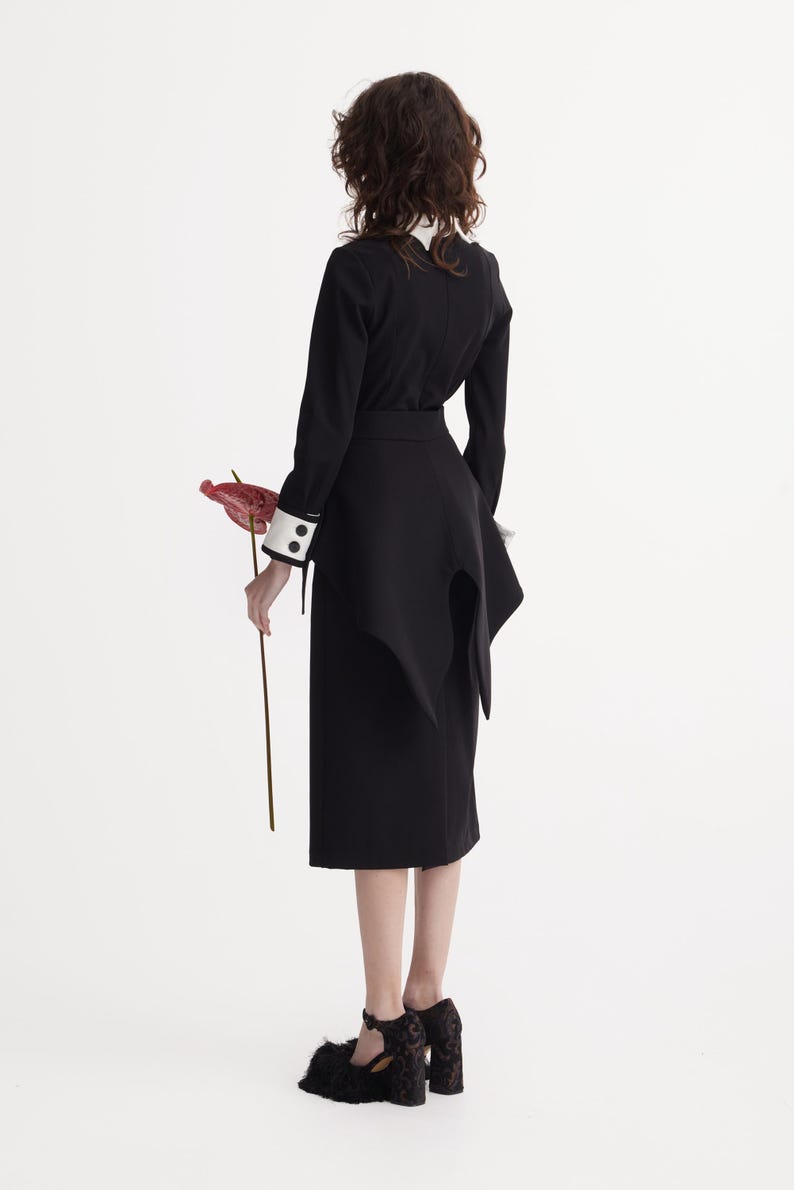 Evening Peplum Belted Dress Black - Two-Piece Set /Designer Fitted Midi Dress With Belt /Women Fashion Set / Dress long sleeves/ Party Dress image 15