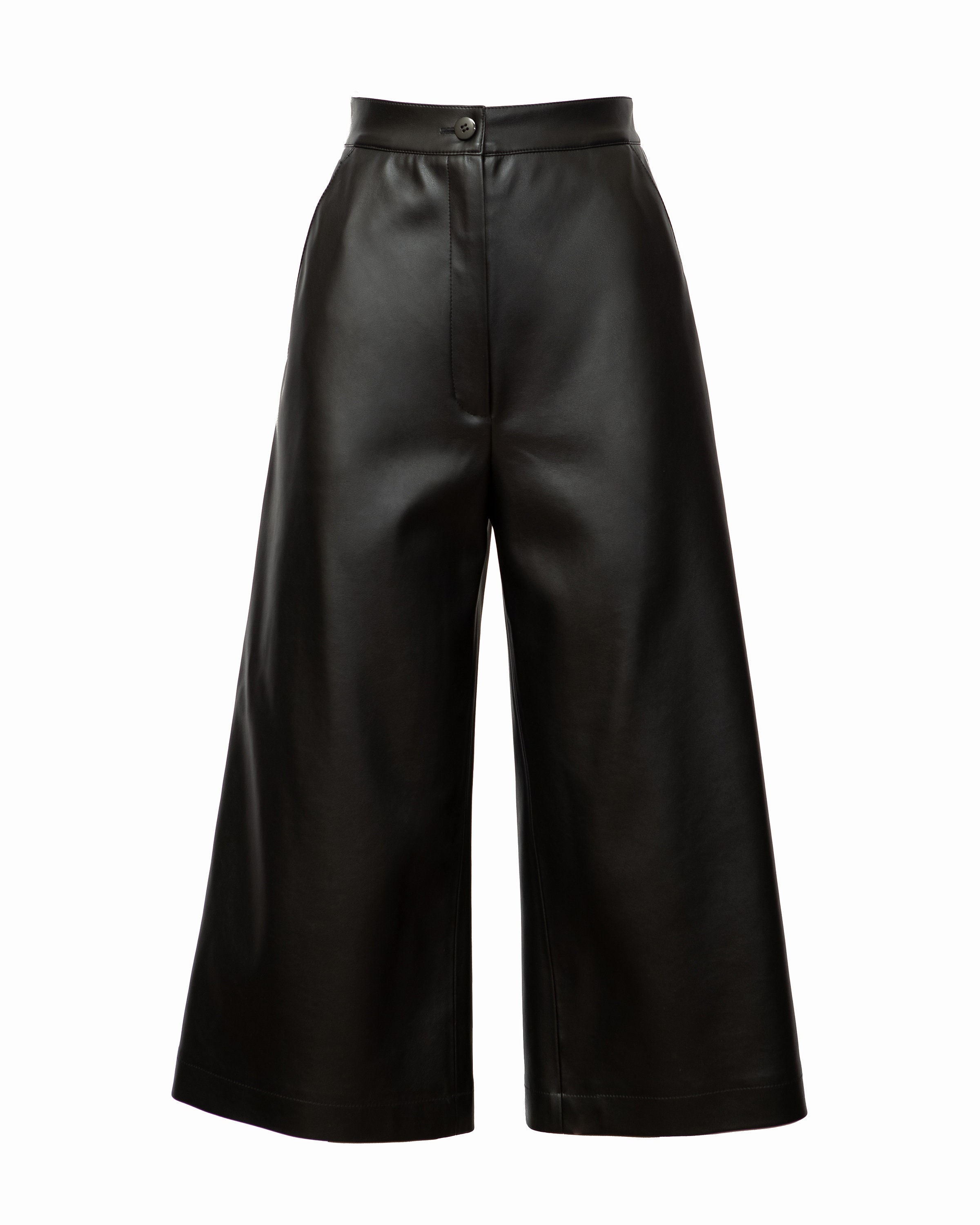 Brown Faux Leather Culottes / Black Women Crop Wide Pants / - Etsy