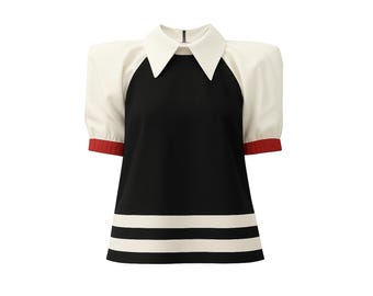 Designer Black Blouse Puff Sleeves White/Puff Sleeve Collar Blouse/Contrast Hem Top Women/Retro Statement Collar Shirt