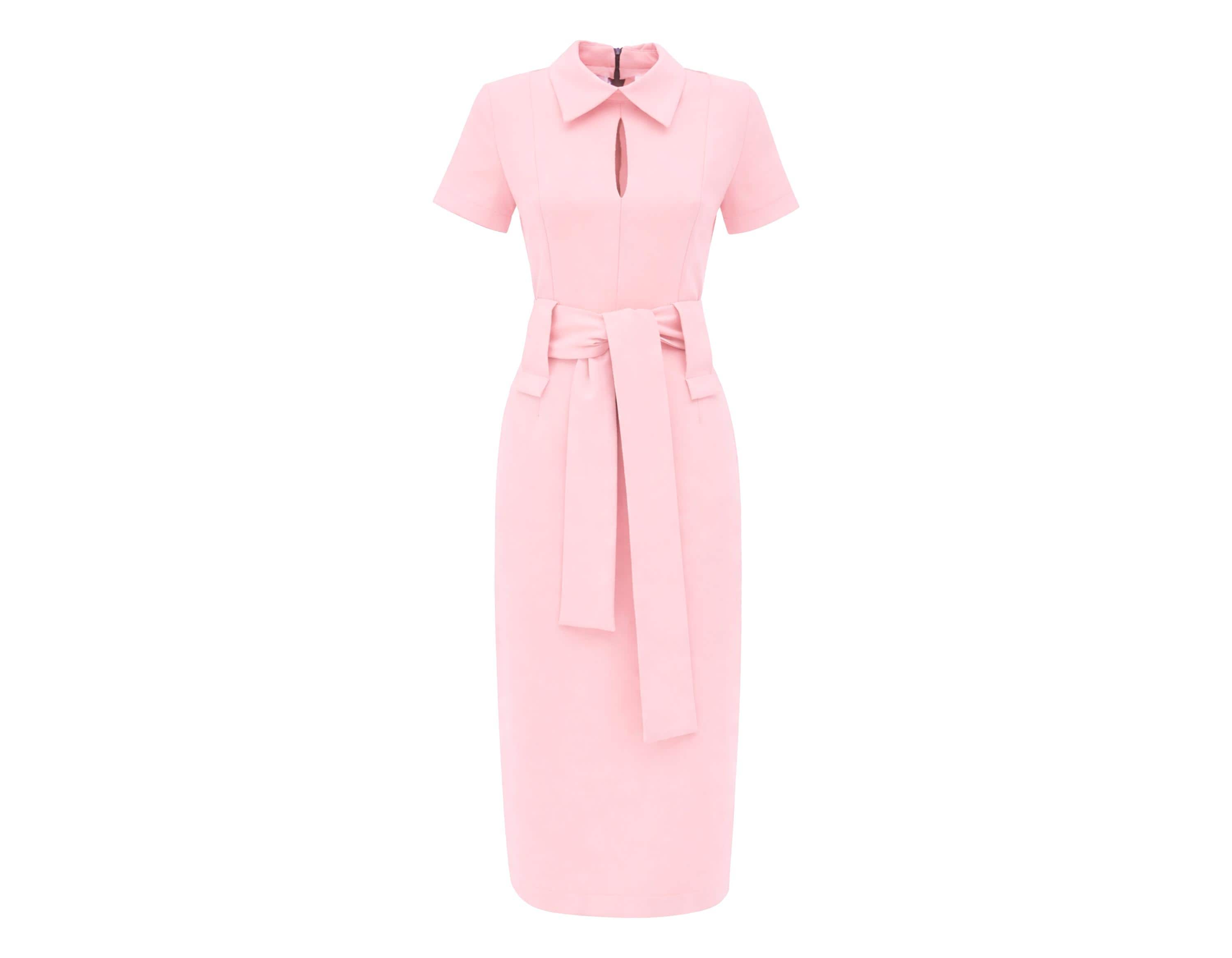 blush pink business dress Plus Size Pleated Ruched Long Sleeve Crepe Collar, Not Your Business Chiffon Shirt Mini Dress in Blush, Size 2X, For Office