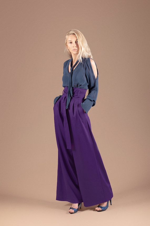 Women Purple Trousers / High Waist Wide Leg Pants / Formal