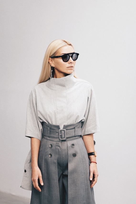 Wide Leg Trousers With Skirt Overlay Gray for Women / High