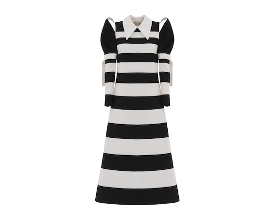 Stylish Striped Cold Shoulder Long Sleeve Dress - Black White M