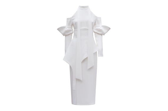 white by vera wang asymmetric pleats wedding dress Elegant Round Neck Ruffles Sleeve Chiffon Evening Dresses with Asymmet main image 1