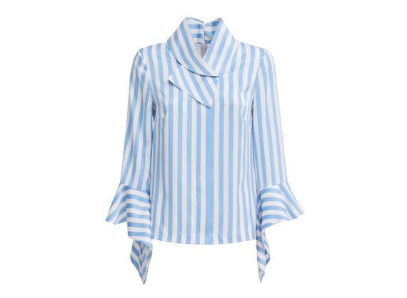 Satin Striped Blouse With Asymmetric Collar – Light Blue / Long Sleeve Blouse / Office Workwear Top / Smart Casual Wear