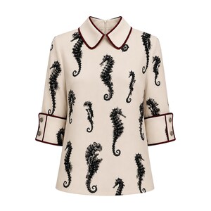 Ivory Seahorse Print Blouse With Cuffs – Capsule Edition /Artistic Print Blouse Women /Statement Blouse /Elegant Top/Couture Inspired Blouse