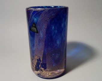 A St John's Crystal Isle Of Man Azurene Gold Blue Vase c1982