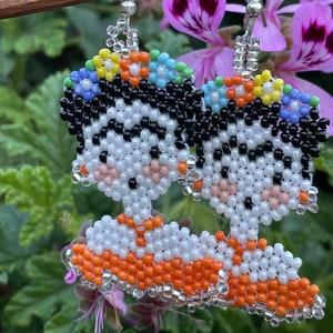 Handmade Bead Frida Khalo Orange Dress Earrings Dangle Drop