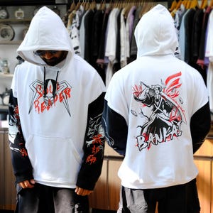 Sudadera con capucha de algodón extragrande de anime retro para hombre y mujer, con estampado de Soul Reaper en la parte delantera, trasera y en las mangas, ideal como regalo para fans del anime.