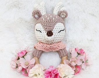 Handmade Crocheted Baby Rattle, Deer