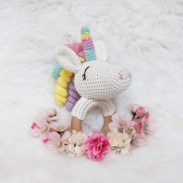 Handmade Crocheted Baby Rattle, Unicorn