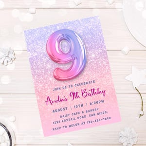 Cartão de convite para 9º aniversário, convite para festa de aniversário com glitter, cartão de convite editável, convite de aniversário, cartão de convite digital