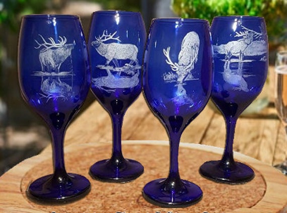Custom Engraved Cobalt Wine Glass, Elk Bespoke Wine Glasses