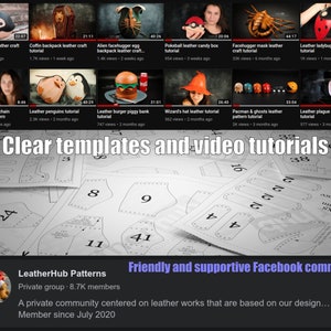 K&ouml;nnte beinhalten: Ein YouTube-Screenshot mit Lederhandwerk-Tutorials. Die Miniaturansichten zeigen verschiedene Projekte wie ein Orca-Spielzeug, einen Sarg-Rucksack und einen Marienk&auml;fer-Rucksack. Das Bild enth&auml;lt auch den Text "Clear templates and video tutorials."
