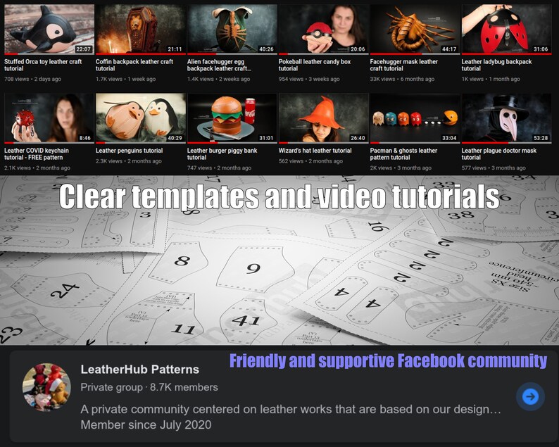 K&ouml;nnte beinhalten: Ein YouTube-Screenshot mit Lederhandwerk-Tutorials. Die Miniaturansichten zeigen verschiedene Projekte wie ein Orca-Spielzeug, einen Sarg-Rucksack und einen Marienk&auml;fer-Rucksack. Das Bild enth&auml;lt auch den Text "Clear templates and video tutorials."