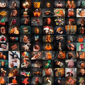 Puede incluir: Un collage de varios art&iacute;culos y accesorios de cuero hechos a mano. La imagen muestra una diversa colecci&oacute;n de art&iacute;culos, incluyendo bolsos, m&aacute;scaras, sombreros y objetos decorativos, todos hechos de cuero. Los art&iacute;culos var&iacute;an en color y dise&ntilde;o, algunos con detalles intrincados.