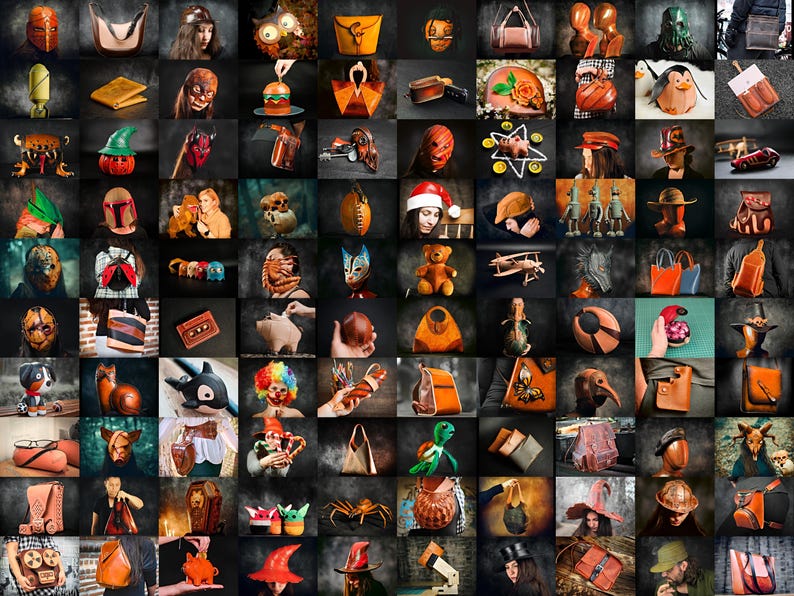 Puede incluir: Un collage de varios art&iacute;culos y accesorios de cuero hechos a mano. La imagen muestra una diversa colecci&oacute;n de art&iacute;culos, incluyendo bolsos, m&aacute;scaras, sombreros y objetos decorativos, todos hechos de cuero. Los art&iacute;culos var&iacute;an en color y dise&ntilde;o, algunos con detalles intrincados.