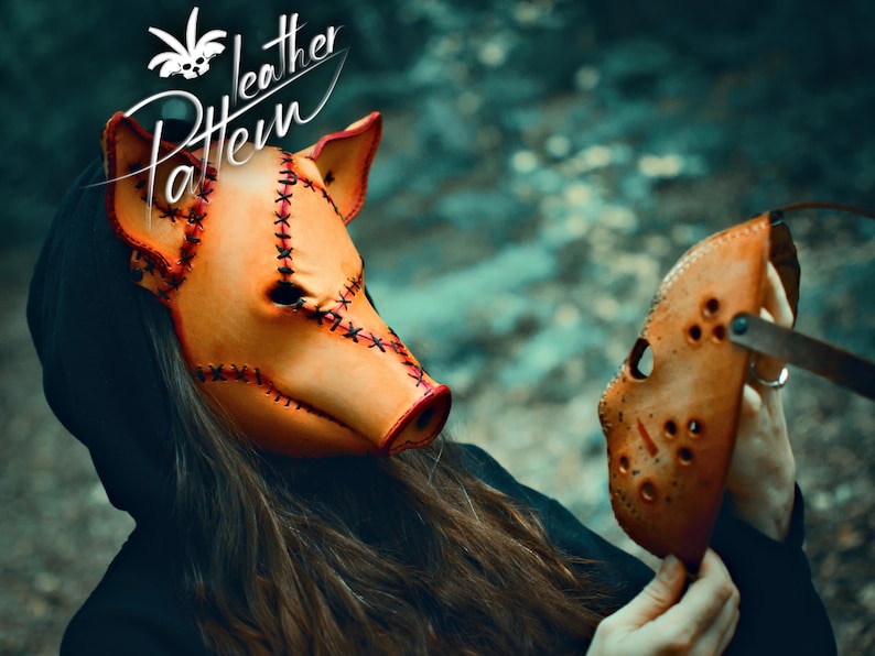 A close up portrait of a woman in the woods, wearing a handcrafted creepy pig leather Halloween mask