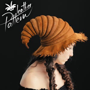 May include: A woman wearing a brown leather witch hat with a long, curled brim. The hat has a fringed edge and is made of multiple layers of leather.