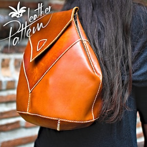 May include: A brown leather backpack with white stitching. The backpack has a flap closure and a single strap.