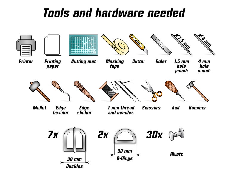 May include: Tools and hardware needed for leather crafting.  The image shows a printer, paper, cutting mat, masking tape, cutter, ruler, 1.5 mm and 4 mm hole punches, mallet, edge beveler, edge slicker, 1 mm thread and needles, scissors, awl, hammer, 7x 30 mm buckles, 2x 30 mm D-rings, and 30x rivets.