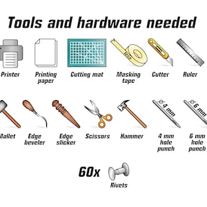 May include: An instructional graphic titled Tools and hardware needed, displaying icons for a printer, paper, cutting mat, masking tape, cutter, ruler, mallet, edge beveler, edge slicker, scissors, hammer, 4 mm and 6 mm hole punches, and 60x rivets.