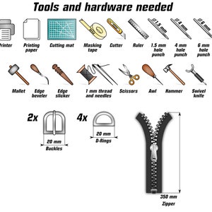 May include: Tools and hardware needed to make a leather zipper pouch. The tools include a mallet, edge beveler, edge slicker, thread and needles, scissors, awl, hammer, swivel knife, ruler, hole punches, and masking tape. The hardware includes 20 mm buckles, 20 mm D-rings, and a 350 mm zipper.