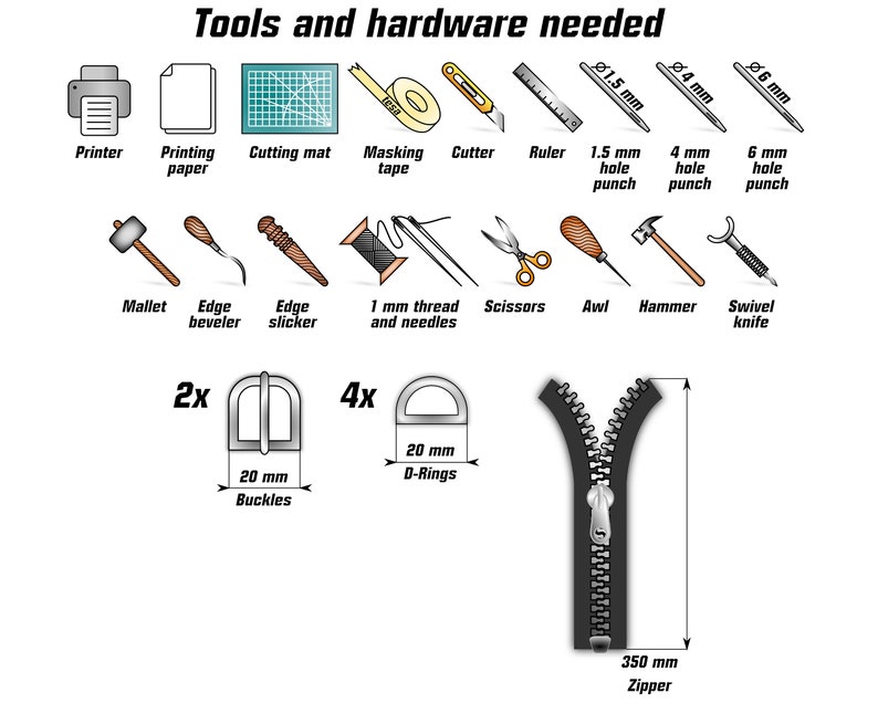 May include: Tools and hardware needed to make a leather zipper pouch. The tools include a mallet, edge beveler, edge slicker, thread and needles, scissors, awl, hammer, swivel knife, ruler, hole punches, and masking tape. The hardware includes 20 mm buckles, 20 mm D-rings, and a 350 mm zipper.