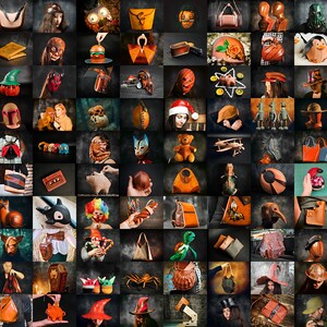May include: A collage of various leather goods, including bags, purses, wallets, hats, and other accessories. The items are displayed on a dark background and feature a variety of colours, textures, and designs.