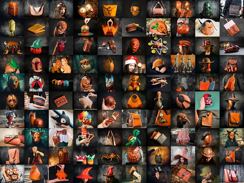 May include: A collage of various leather goods, including bags, purses, wallets, hats, and other accessories. The items are displayed on a dark background and feature a variety of colours, textures, and designs.
