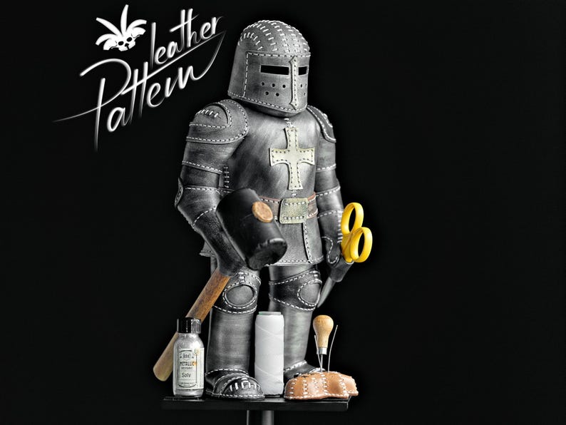 Puede incluir: Una figura estilizada de un caballero hecha de cuero, sosteniendo un martillo y unas tijeras. El caballero tiene una cruz en el pecho y est&aacute; rodeado de herramientas de marroquiner&iacute;a, incluyendo hilo, una botella y un trozo de cuero. El texto "leather Pattern" est&aacute; en la esquina superior izquierda.