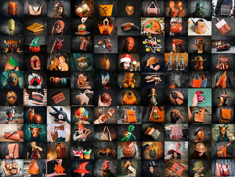 K&ouml;nnte beinhalten: Eine Collage aus verschiedenen Lederwaren, darunter Taschen, Geldb&ouml;rsen, Portemonnaies, H&uuml;te und andere Accessoires. Die Artikel werden auf einem dunklen Hintergrund pr&auml;sentiert und zeigen eine Vielzahl von Farben, Texturen und Designs.