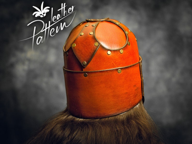 May include: A tan leather helmet featuring a rounded crown with overlapping panels, secured by metallic rivets along the seams and a horizontal band around the base. The text "Leather Pattern" is visible in the upper left corner of the image.